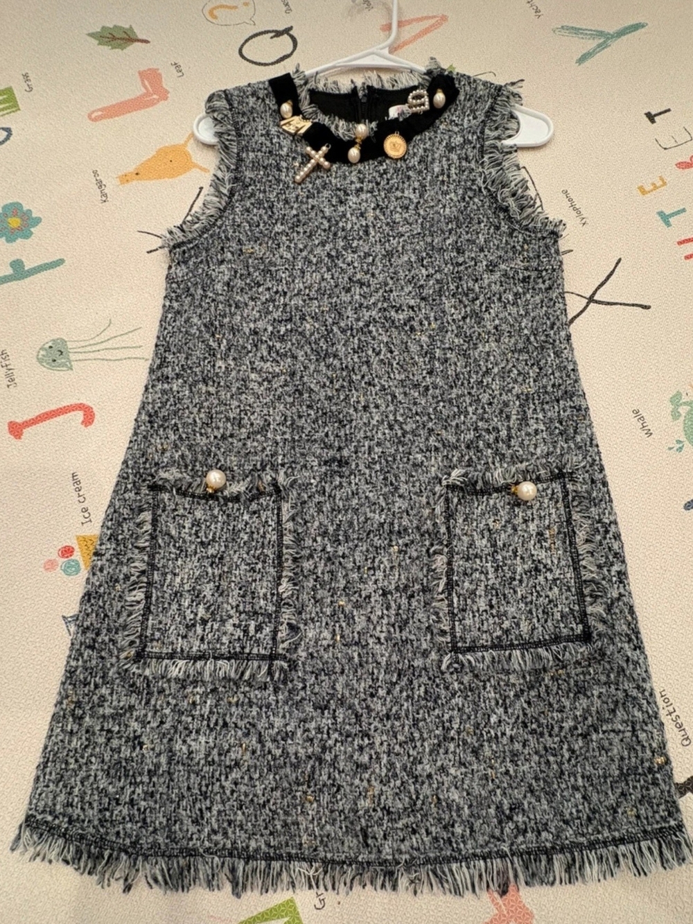 Girls' Grey Tweed Sleeveless Midi Dress with Decorative Pearl Buttons
